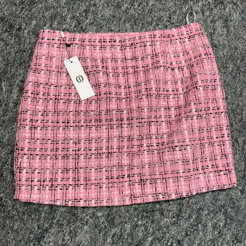 New Pink Black Tweed Plaid Mini Skirt High Waisted Lined Size XL